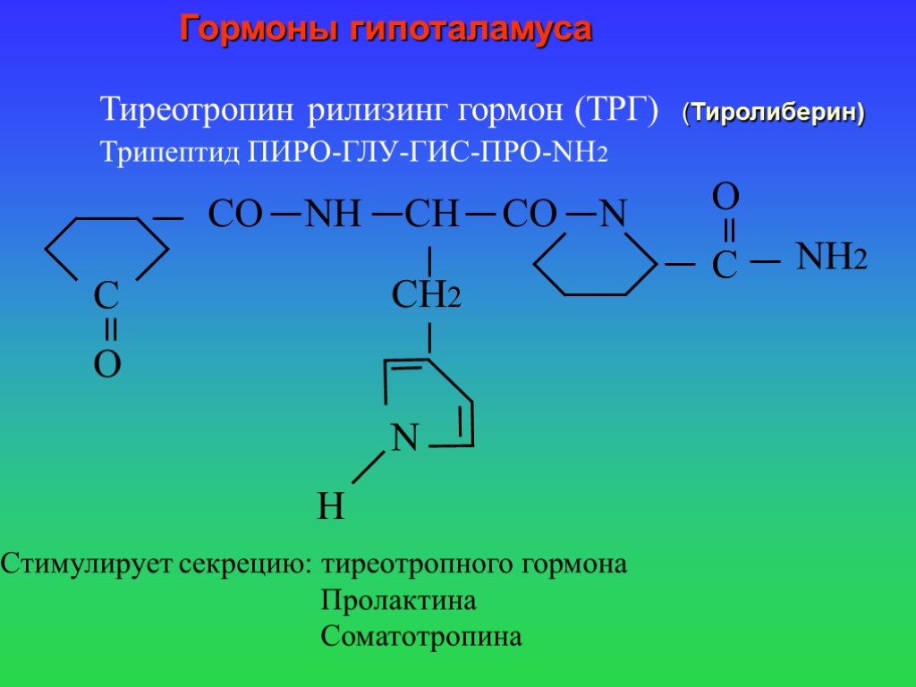 Тиреотропин рилизинг гормон (ТРГ) Трипептид ПИРО-ГЛУ-ГИС-ПРО-NH2 C O CO NH CH CO N O